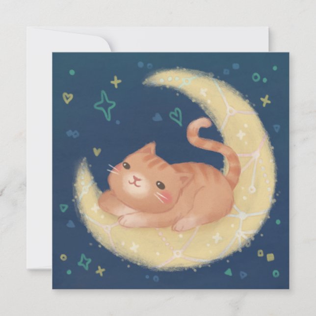 Invitación Gato Adorable en la Luna (Anverso)