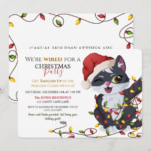 Invitación Gato Adorable Enredado en Luces de Navidad Fiesta 