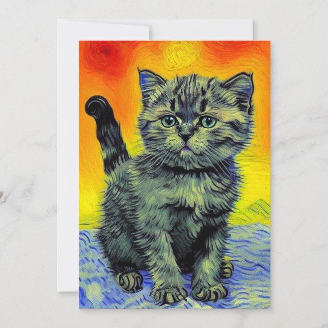 Invitación Gato al Atardecer en la Playa al Estilo Van Gogh (Anverso)