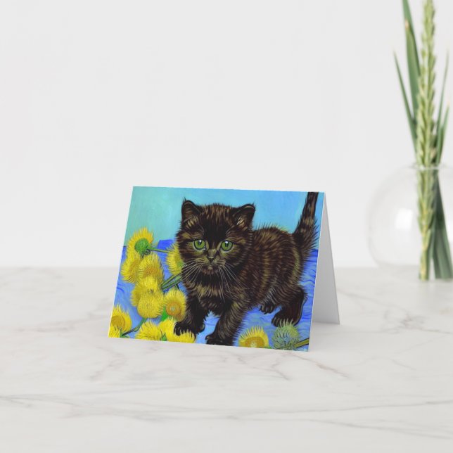 Invitación Gato al Estilo Van Gogh con Girasoles (Anverso)