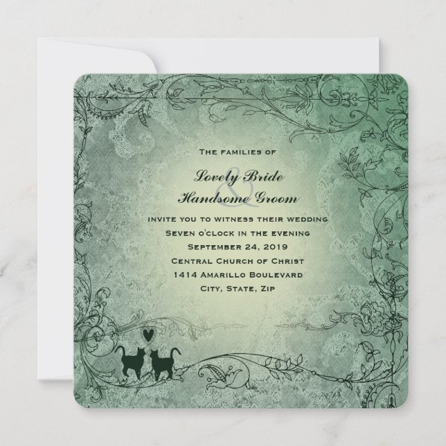 Invitación Gato Amantes Boda Verde Ornate Square (Anverso)
