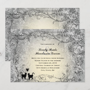 Invitación Gato Amantes Ornate Gray Gold Vintage Wedding