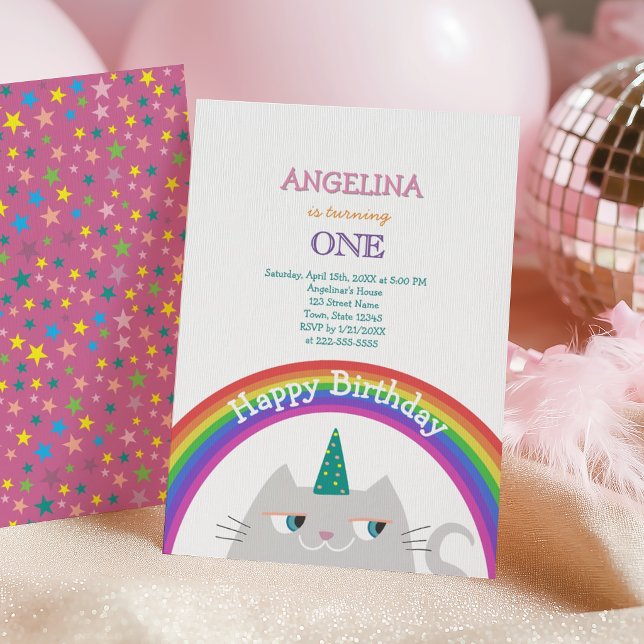 Invitación Gato Arcoíris Adorable Cumpleaños 1 (Subido por el creador)