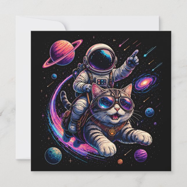 Invitación Gato astronauta viajando por el espacio (Anverso)
