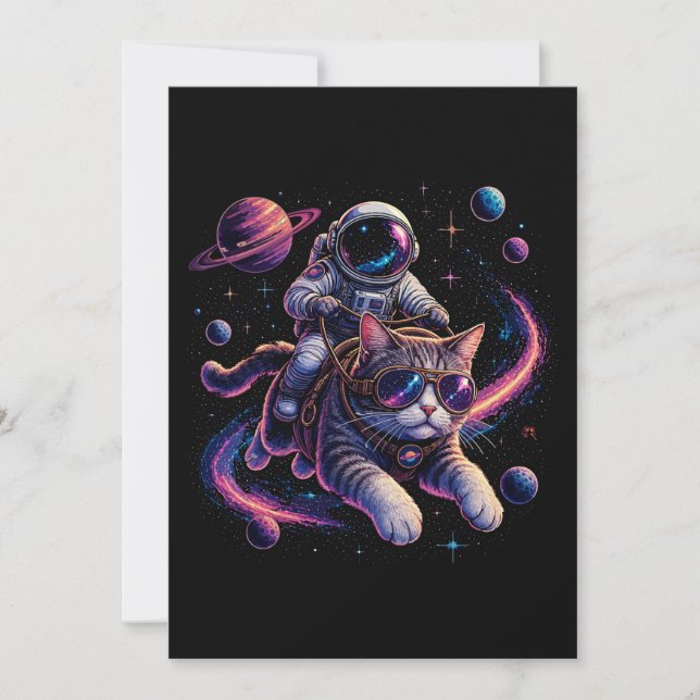 Invitación Gato astronauta viajando por el espacio (Anverso)