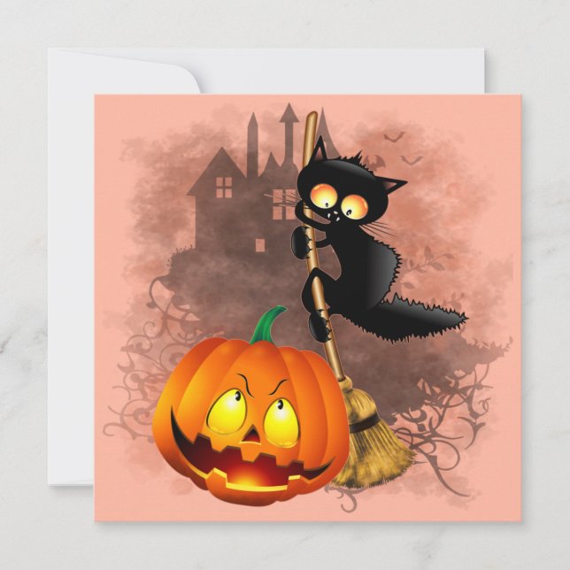 Invitación Gato Asustado por Calabaza Divertido Personaje de  (Anverso)
