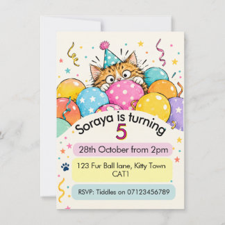 Invitación Gato atigrado lindo espiando globos confeti cumple