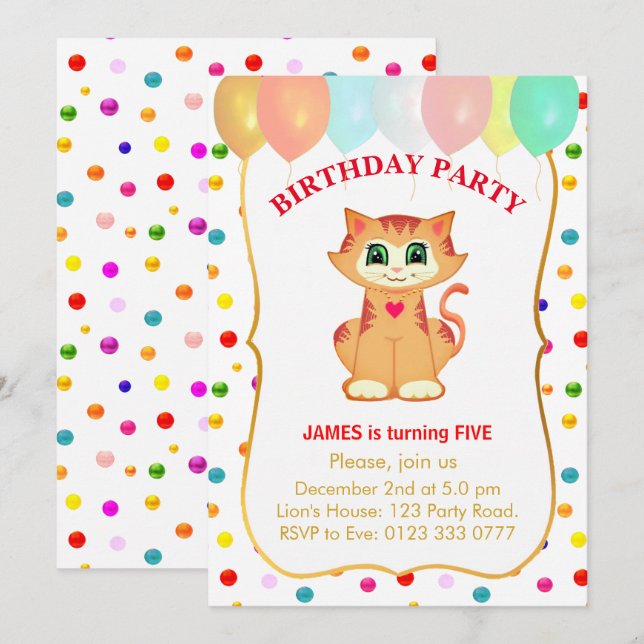 Invitación Gato atigrado lindo, globos y confeti de cumpleaño (Anverso / Reverso)