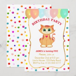 Invitación Gato atigrado lindo, globos y confeti de cumpleaño