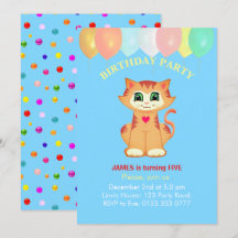 Gato atigrado lindo, globos y confeti de cumpleaño