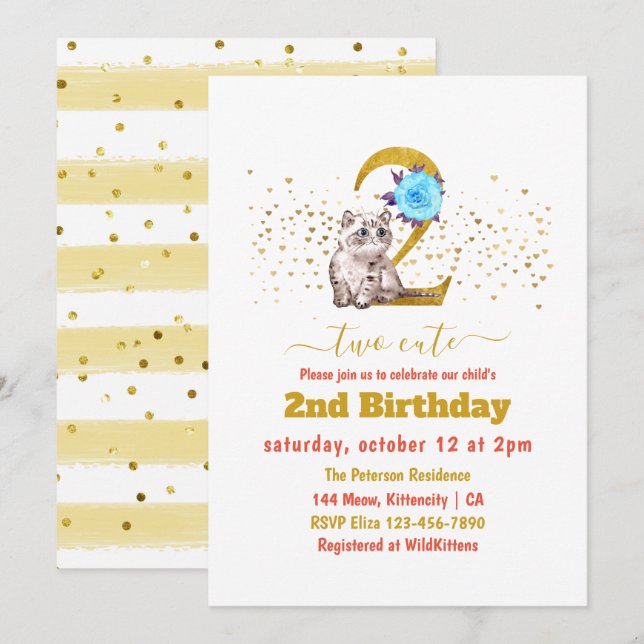 Invitación Gato bebé y flores segundo cumpleaños (Anverso / Reverso)