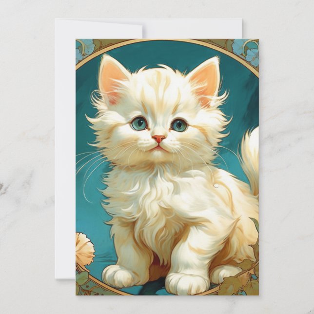 Invitación Gato blanco Alphonse Mucha Art Nouveau (Anverso)