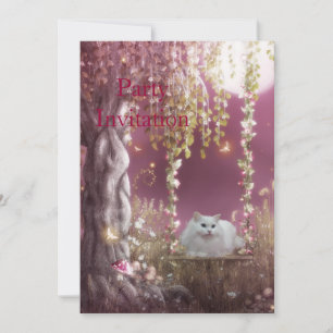 Invitación Gato Blanco en el Columpio del Árbol