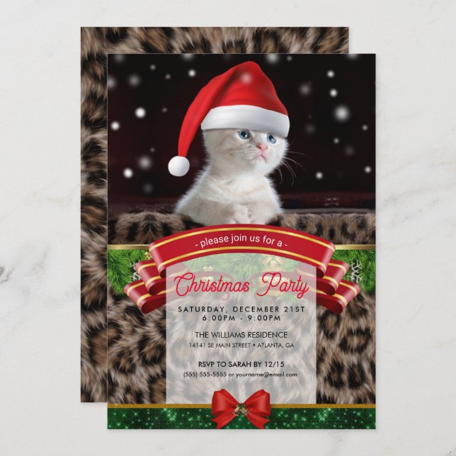 Invitación Gato blanco en el Gorra de Santa Claus (Anverso / Reverso)