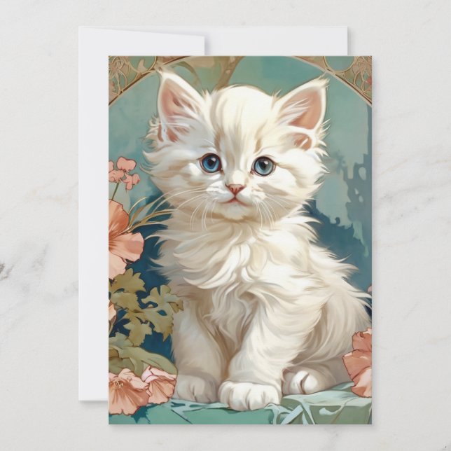 Invitación Gato blanco estilo Alphonse Mucha (Anverso)