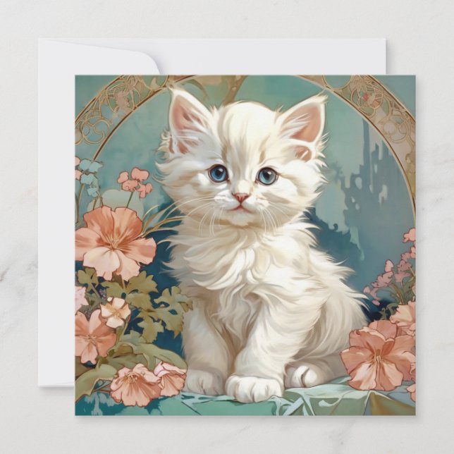 Invitación Gato blanco estilo Alphonse Mucha (Anverso)
