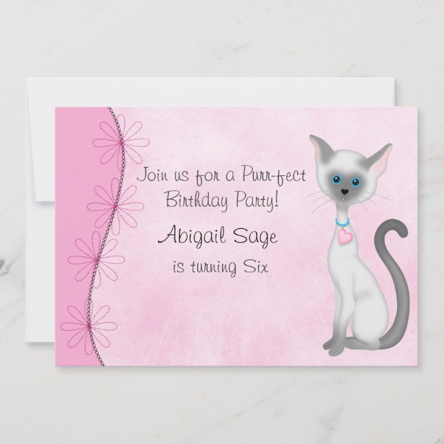 Invitación Gato blanco gatito y flores en cumpleaños rosado (Anverso)