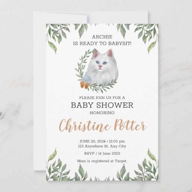 Invitación Gato blanco Ojos azules verde Boho Baby Shower (Anverso)