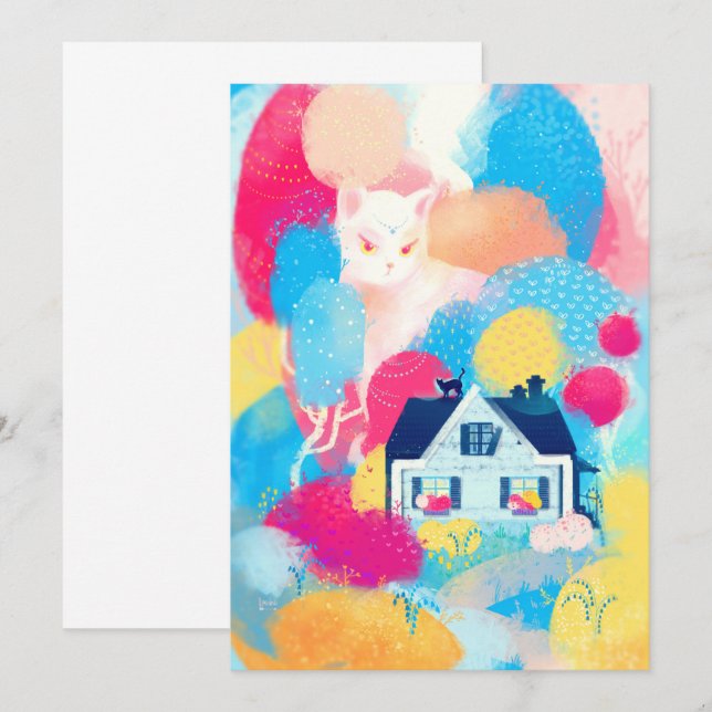 Invitación Gato blanco y casa de campo (Anverso / Reverso)