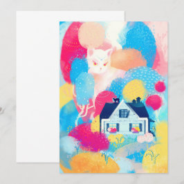 Invitación Gato blanco y casa de campo