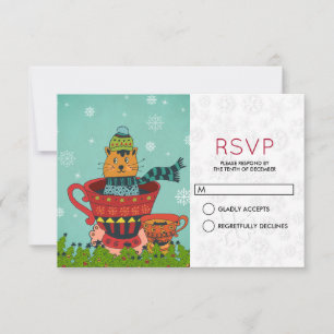 Invitación Gato Caprichoso Sentado en una Taza de Té Navidad