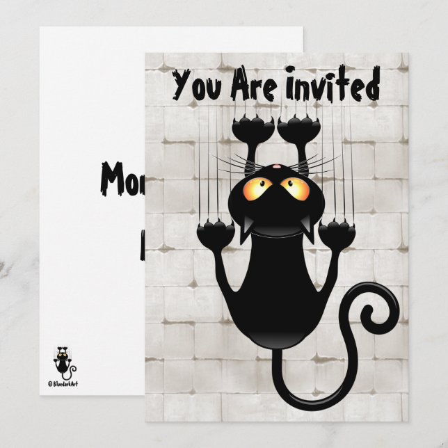 Invitación Gato cayendo en el divertido personaje de la caric (Anverso / Reverso)