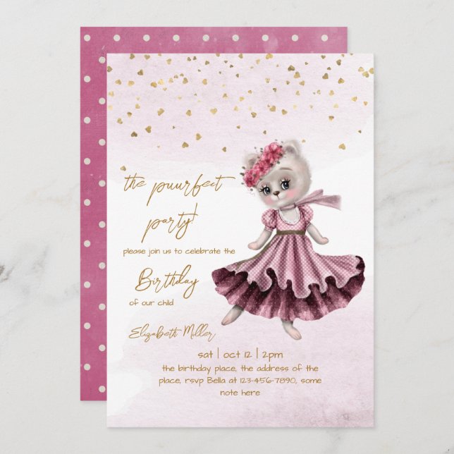 Invitación Gato Chica Perfect Pawty (Fiesta) Segundo cumpleañ (Anverso / Reverso)