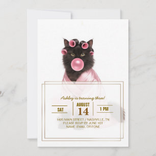 Invitación Gato con bata rosa con rulos y chicle