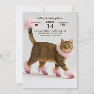 Invitación Gato con estilo en tacones rosas y glamour esponjo