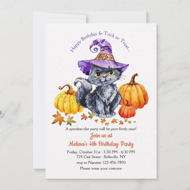 Invitación Gato con sombrero con calabazas (Anverso)