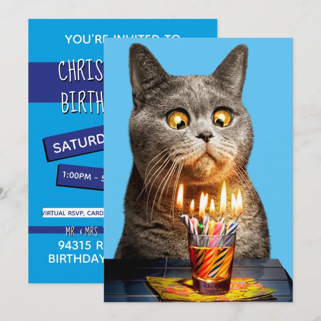 Invitación Gato Con Vaso De Chupito De Cumpleaños (Anverso / Reverso)
