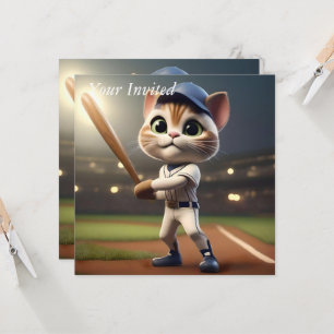 Invitación Gato De Béisbol Gracioso En 3D,