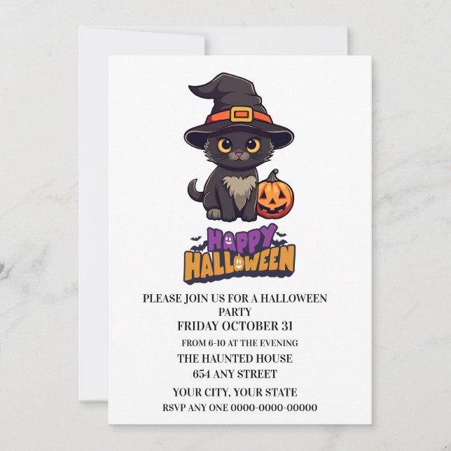 Invitación Gato de bruja de Halloween con calabaza (Anverso)