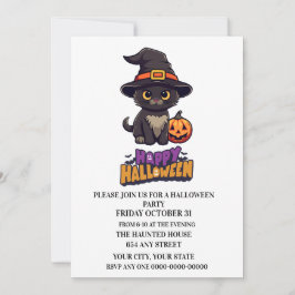Invitación Gato de bruja de Halloween con calabaza