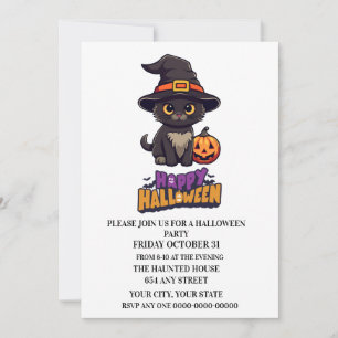 Invitación Gato de bruja de Halloween con calabaza