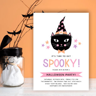 Invitación Gato de bruja negra linda, fiesta de Halloween pas