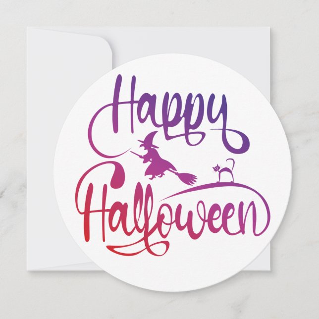 Invitación Gato de bruja voladora feliz gradiente de Hallowee (Anverso)