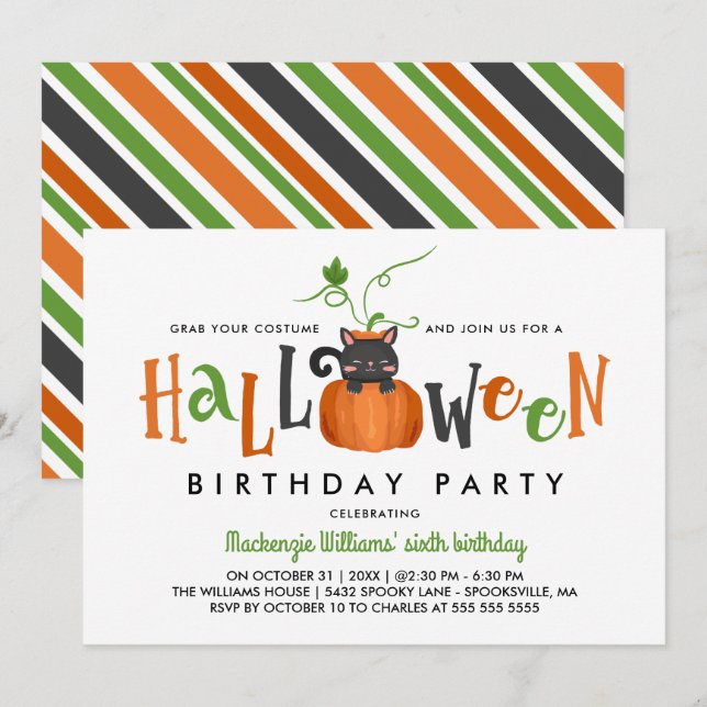 Invitación Gato de calabaza - Fiesta de cumpleaños de Hallowe (Anverso / Reverso)