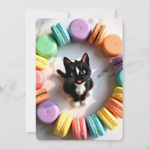 Invitación Gato de Cumpleaños Adorable con Macarons Coloridos