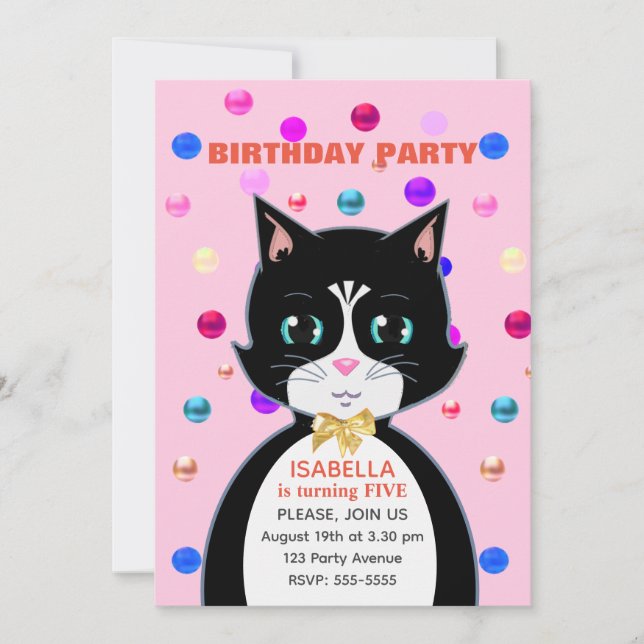 Invitación Gato de cumpleaños con esmoquin lindo sobre rosa c (Anverso)