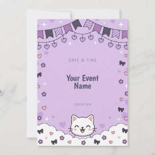 Invitación Gato de dibujos animados de lavanda pastel en nube