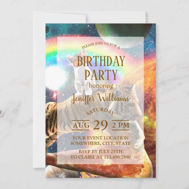 Invitación Gato de galaxia espacial montando tigre en pizza (Anverso)