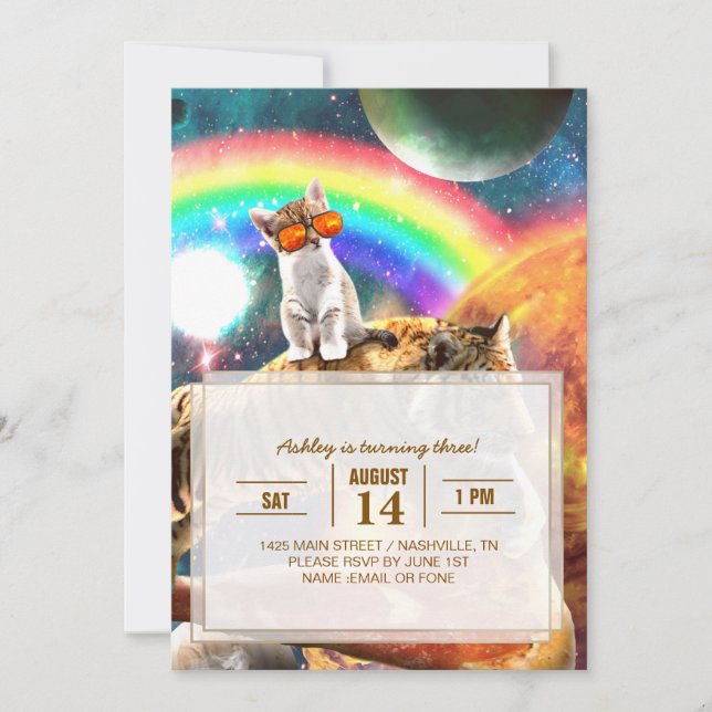 Invitación Gato de galaxia espacial montando tigre en pizza (Anverso)