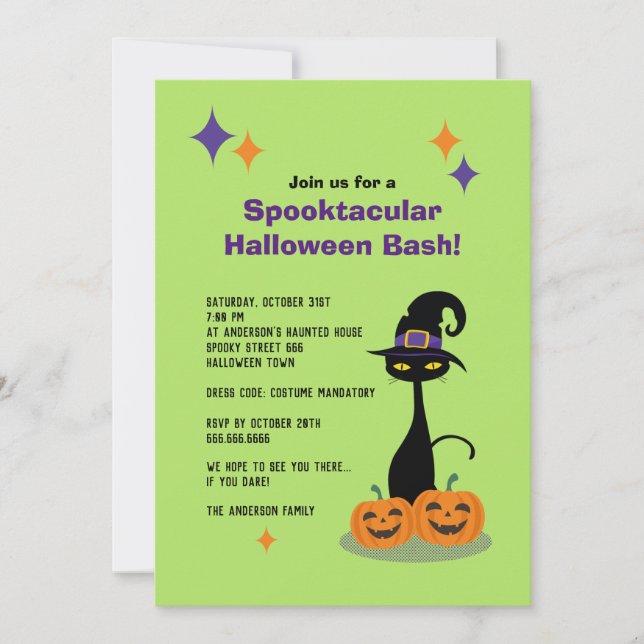 Invitación Gato de Halloween Atómico de Mitad de Siglo (Anverso)