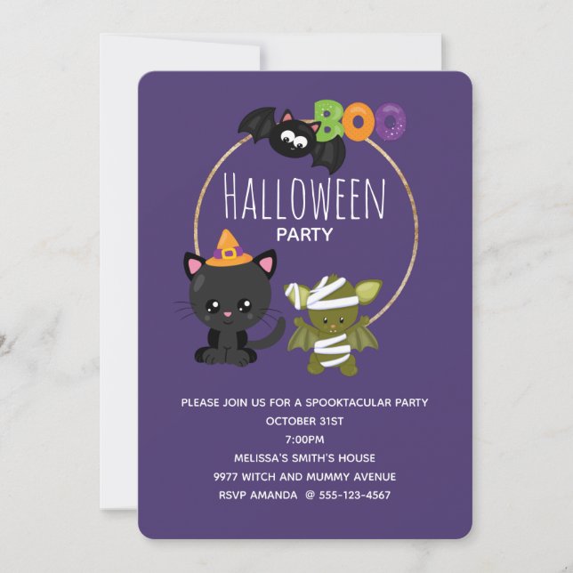 Invitación Gato de Halloween, bote de murciélagos y momias (Anverso)