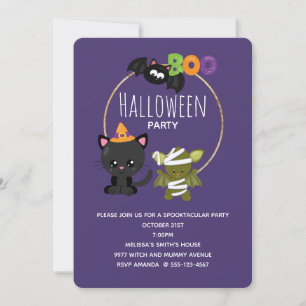Invitación Gato de Halloween, bote de murciélagos y momias