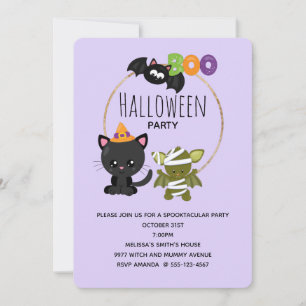 Invitación Gato de Halloween, bote de murciélagos y momias