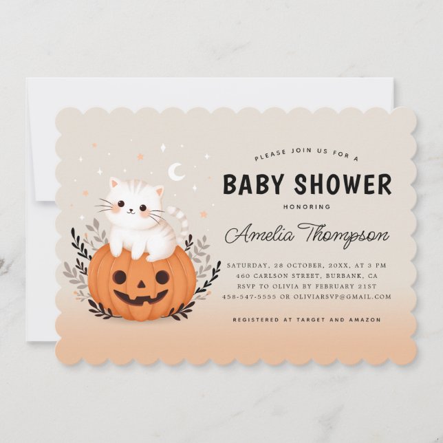 Invitación Gato de Halloween en Baby Shower Naranja de calaba (Anverso)