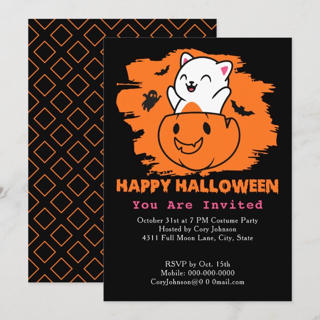 Invitación Gato de Halloween en calabaza, fantasma golpea a N (Anverso / Reverso)