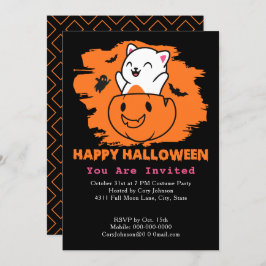 Invitación Gato de Halloween en calabaza, fantasma golpea a N